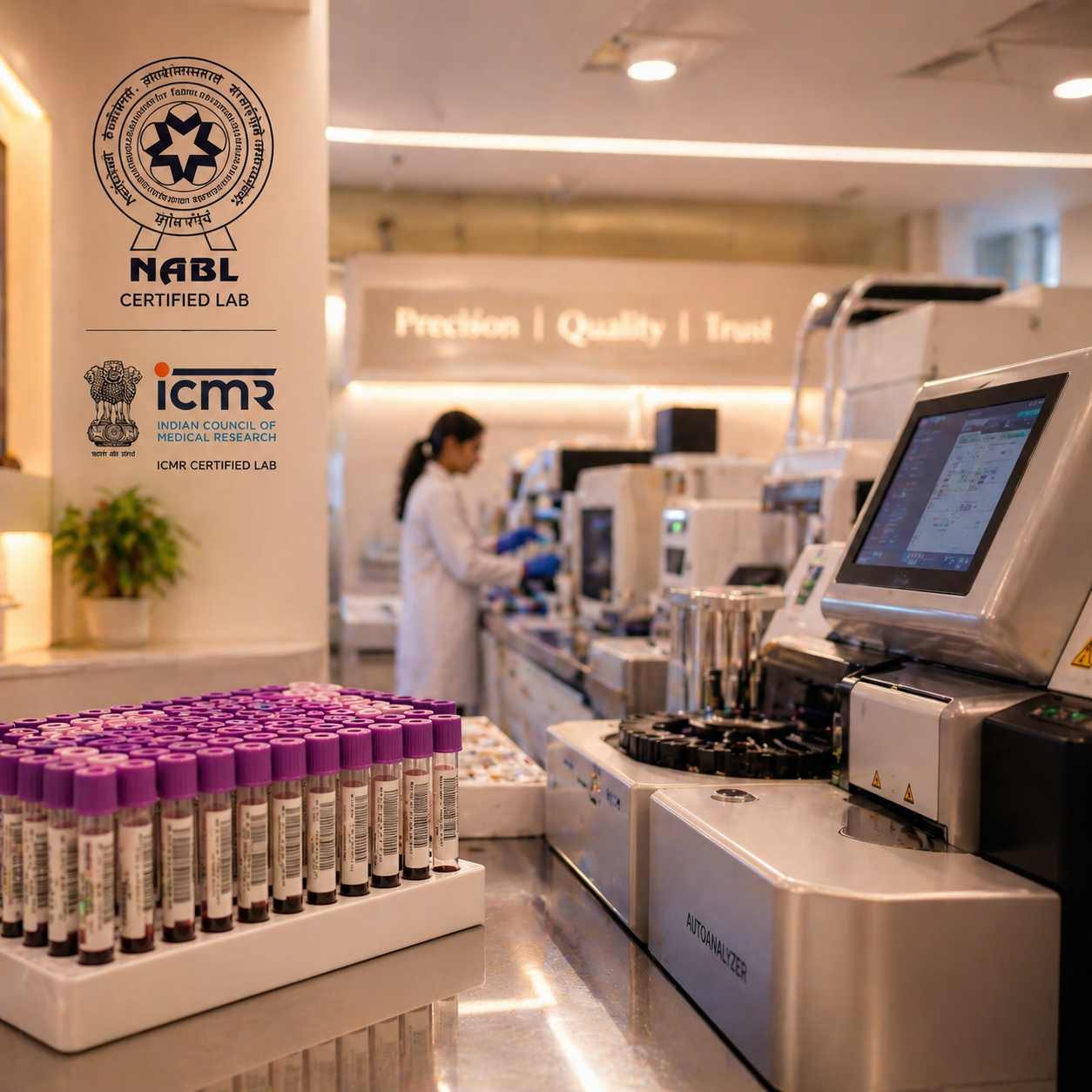 Certified diagnostic lab with automated analyzers and sample tubes